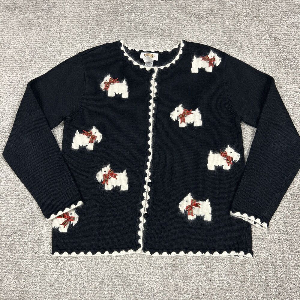 Talbots Cardigan Sweater Womens Small Terrier Scotty Dog Black Wool Blend Bells